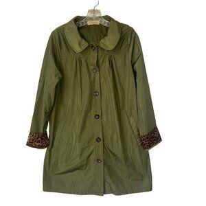 Kate Kasin Button Up Hooded Jacket Trench Coat Green Leopard Cuffs Size Small
